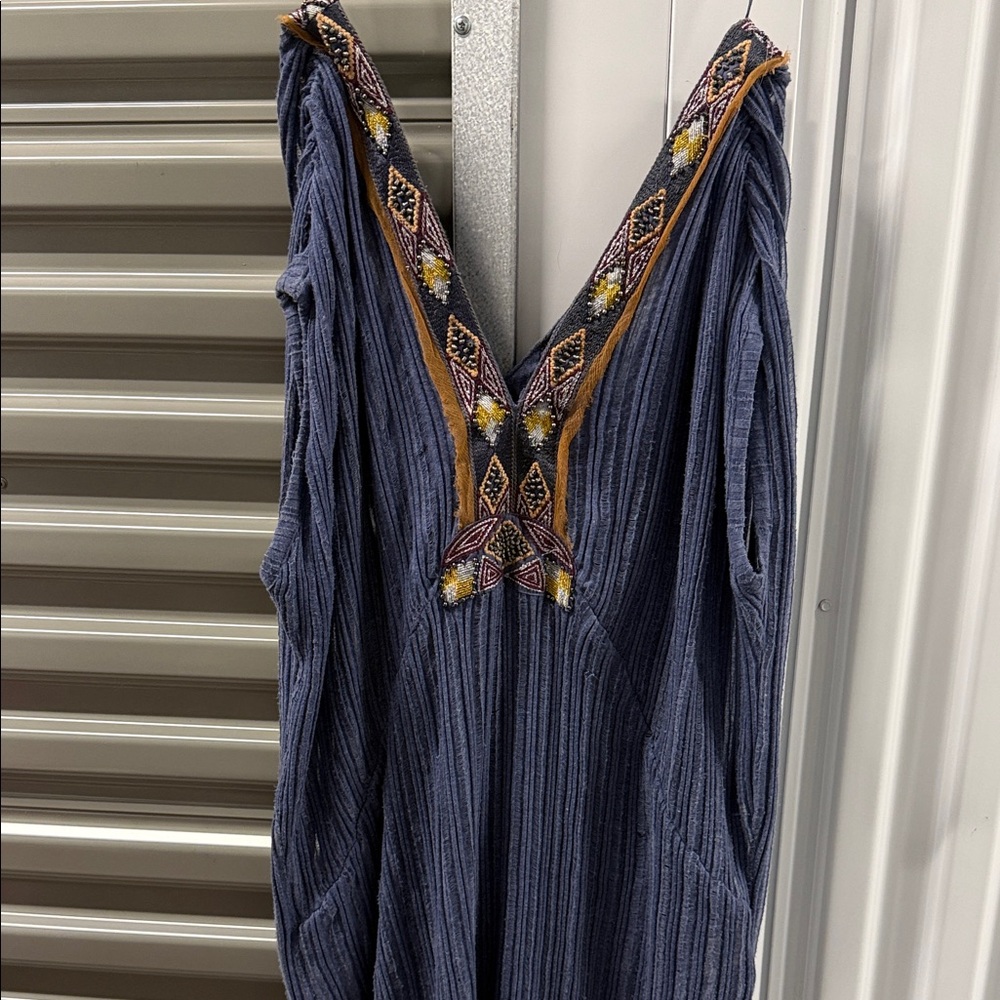 Free People Navy Embroidered V-Neck Blouse